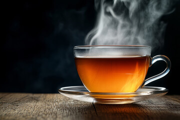 Steaming cup of hot tea in a glass cup on a rustic wooden table
