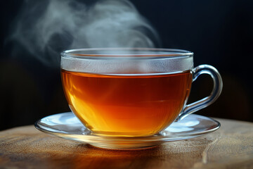 Fototapeta premium Steaming cup of hot tea in a glass cup on a rustic wooden table