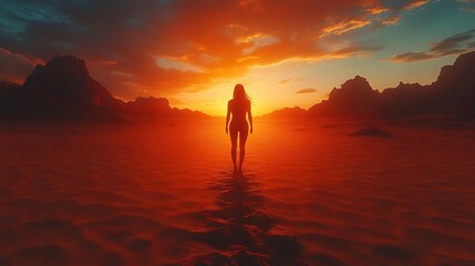 Lone wanderer exploring uncharted landscape bathed in golden light picture