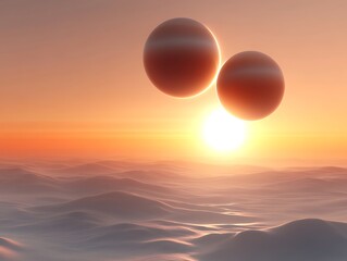 Two spheres appear above a hazy landscape near the bright sun