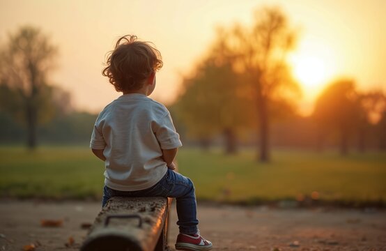 Lonely child sits on seesaw back view in park at sunset. Toddler alone at playground, childhood concept. Sad kid waiting, introverted kid, social issues, growing up. - Powered by Adobe