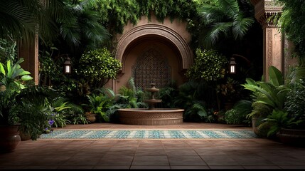 Obraz premium Serene Courtyard Garden with Ornamental Fountain and Lush Greenery Oasis