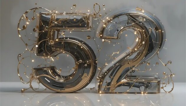 Elegant Metallic Number Fifty-two with Delicate Gold Accents and Light Strings