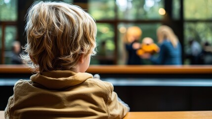Obraz premium Child Observing Activity in a Modern Cafe