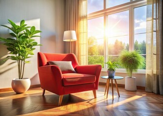 Sun-drenched modern living room, vibrant red chair a focal point.