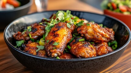 close-up shot of chicken wings in a dark bowl.