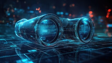 Futuristic transparent binoculars reflecting digital data in a high-tech environment with glowing elements