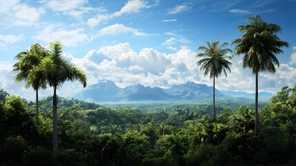 Tropical Forest Landscape With Palm Trees And Mountains