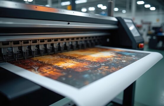 Large format printing machine in operation prints colorful image. Industrial digital printer in print shop. Printing press in action. Production process. Machinery equipment.
