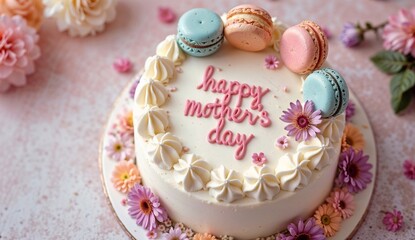 A delicate vanilla cake topped with pastel-colored macarons, edible flowers, and a smooth whipped cream finish. "Happy Mother's Day" written in delicate pink icing.
