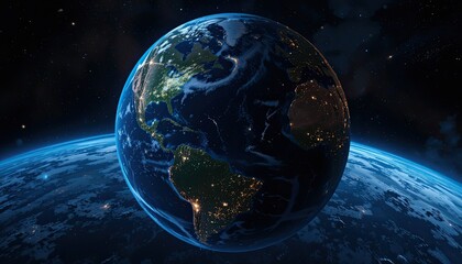  Features of this image include a 3D representation of the Earth as seen from orbit at night, with the lights of Europe and other nations visible