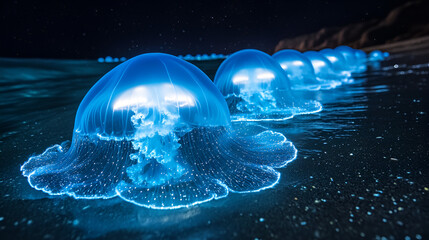 A mesmerizing line of bioluminescent jellyfish gracefully gliding ashore at night, their ethereal blue glow illuminating the dark ocean under a starlit sky.