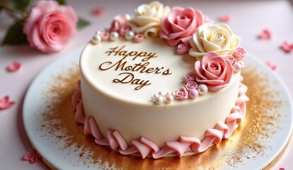 A luxurious vanilla cake adorned with handcrafted buttercream roses in soft pink and white, gold-dusted edges, and delicate pearl accents. "Happy Mother's Day" written in elegant calligraphy on top.
