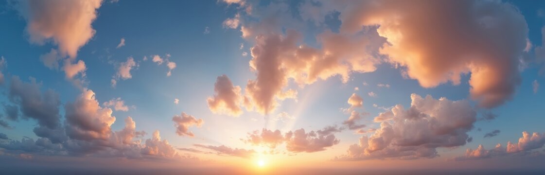 Blue sunset sky panorama with puffy Cumulus clouds in spherical equirectangular format. Ideal for 3D visualization, game and sky replacement for aerial drone 360 panoramas. Complete zenith.