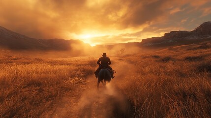 A bandit cowboy riding off into the sunset, dramatic dust trail.