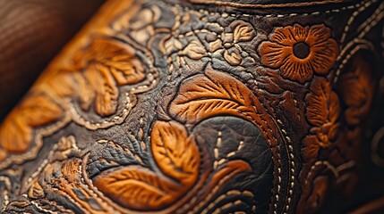 A close-up of detailed cowboy boot stitching, intricate design.