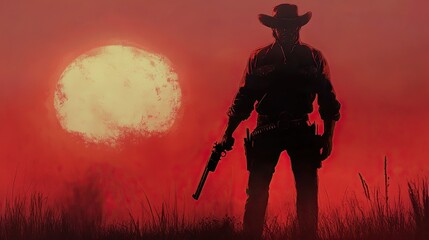 Fototapeta premium A cowboy holding his rifle, standing tall with a fading sun.