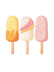 Vector Style Popsicles with Glaze and Fruit Sprinkles on White Background