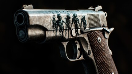 Engraved pistol, zombie horde, dark background, weapon design