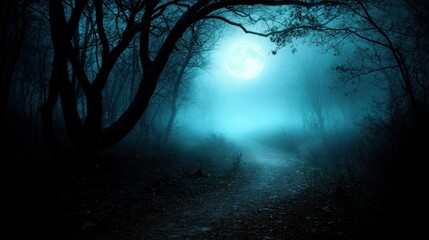 Obraz premium Misty forest path under full moon, spooky, Halloween