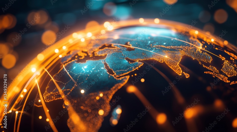 Aufkleber Glowing digital Earth map with connecting lines, showing global network and data flow.