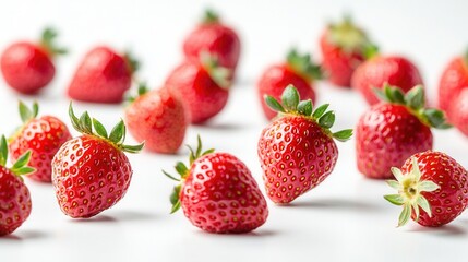 Bright fresh strawberries in close-up on a white background. Juicy and appetizing fruits in a dynamic composition evoke freshness and natural appeal.
