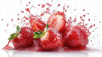 Fresh Strawberries with Splashing Juice on White Background – Natural Fruit, Freshness Concept, Vitamins