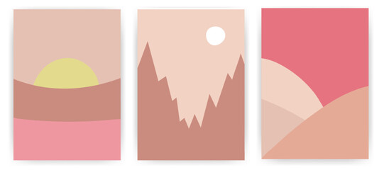 Minimalist nature design poster set. Trendy cover template with simple geometric shapes and soft color combinations. Ideal design for interior art, banner, card, social media.