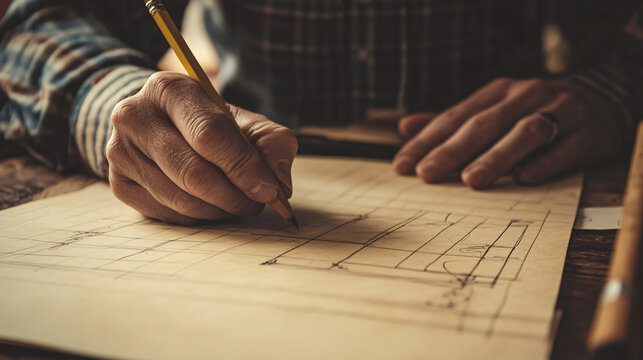Hands of an individual skillfully drawing a design on graph paper while engaged in the bisection method for creative problem solving.