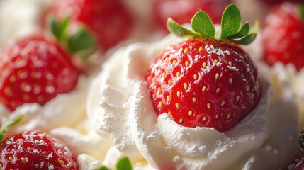 Fresh Strawberries with Whipped Cream and Powdered Sugar, Perfect Dessert for Ads and Culinary Projects
