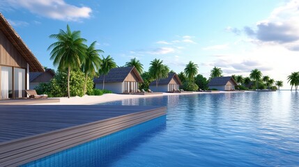 Obraz premium A serene tropical landscape featuring wooden villas, palm trees, and a tranquil blue lagoon under a clear sky.