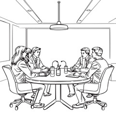 Continuous one black line art drawing business team meeting vector illustration.