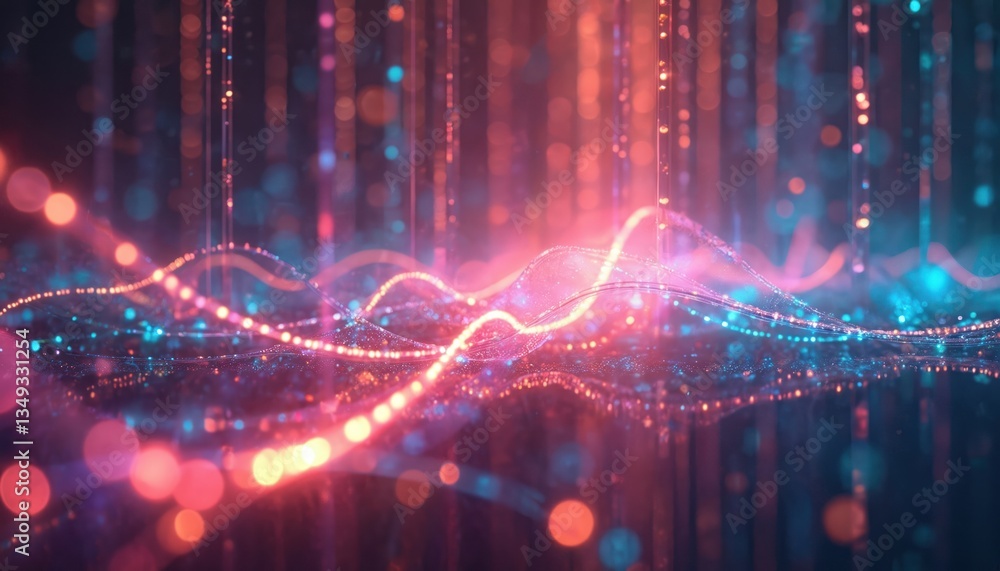 Poster Abstract illustration of holographic lines, vibrant colors create captivating visual display. Science fiction art, tech, future background. Energy, digital design, futuristic wallpaper.