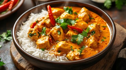 A warm bowl of halal chicken curry, rich and creamy sauce, served with fluffy white rice, aromatic herbs and spices, steam rising.