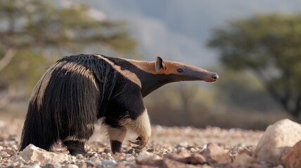 Giant anteater walking on rocky terrain with a blurred
