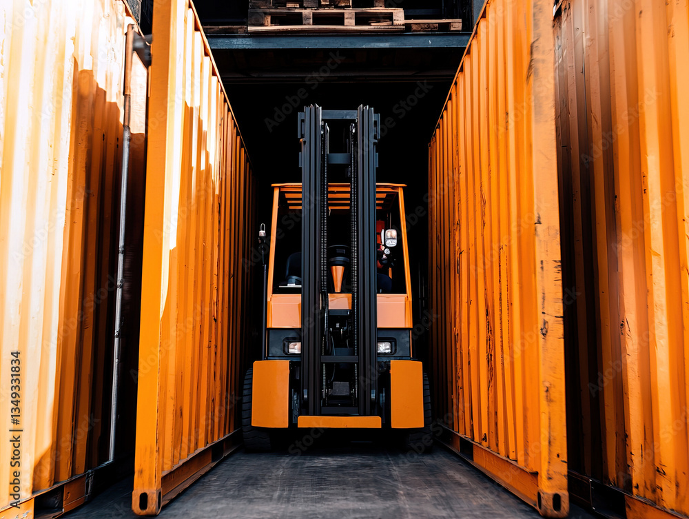 Poster efficient forklift navigating tight spaces between shipping containers, showcasing precision and ski