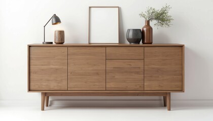 Modern wooden cabinet with decorative items on white wall background. Cabinet features decor, lamp, vases and frame. Clean, minimalist design, ideal for living room, apartment.
