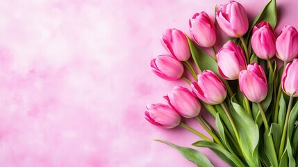Obraz premium Arrangement of pink tulips with green stems on a soft pink textured surface with ample copy space