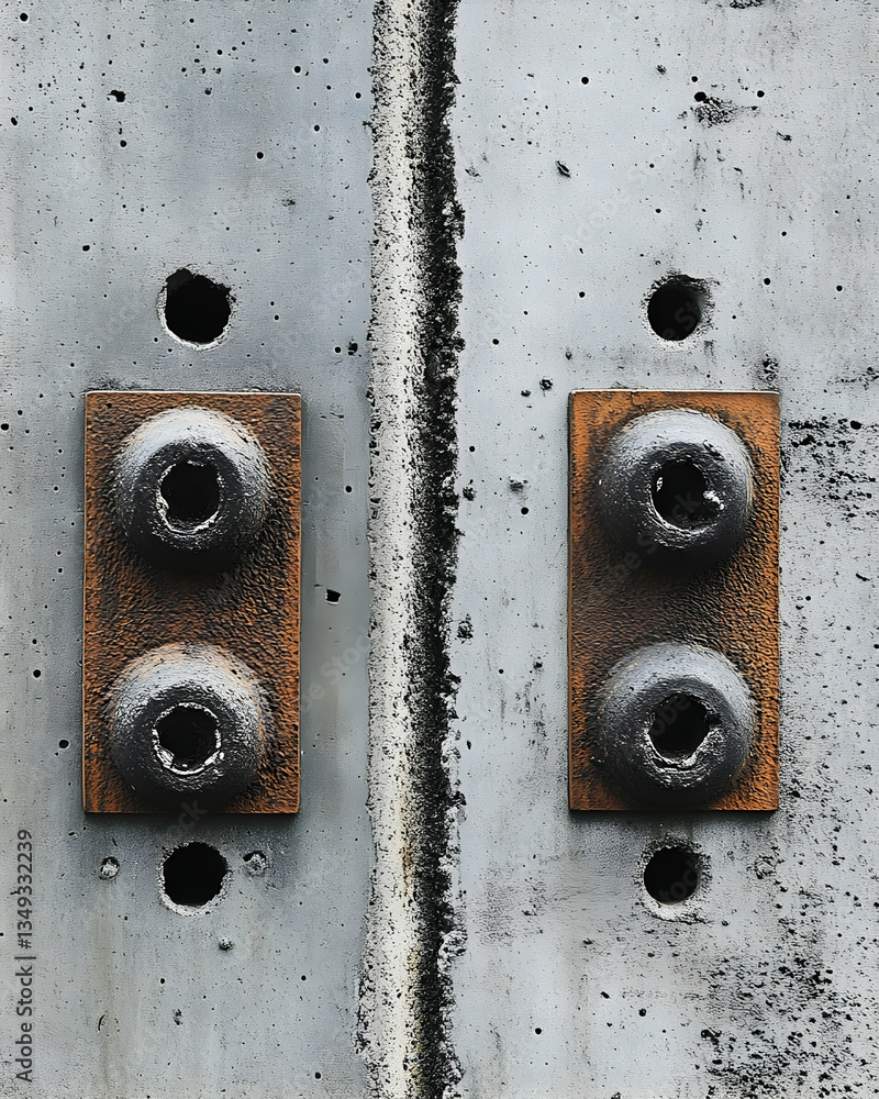 Poster close-up of weathered concrete surface with two rusted metal plates, each featuring two circular ele