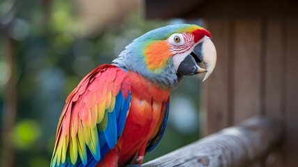 Obraz premium Colorful parrot perched on wooden railing