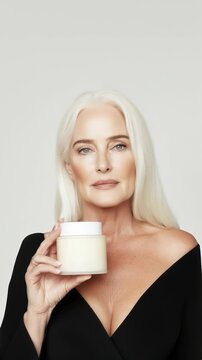 Woman with long white hair showcases skincare cream in minimalistic setting for beauty enthusiasts. Ideal for Social Media, Stories, Advertising