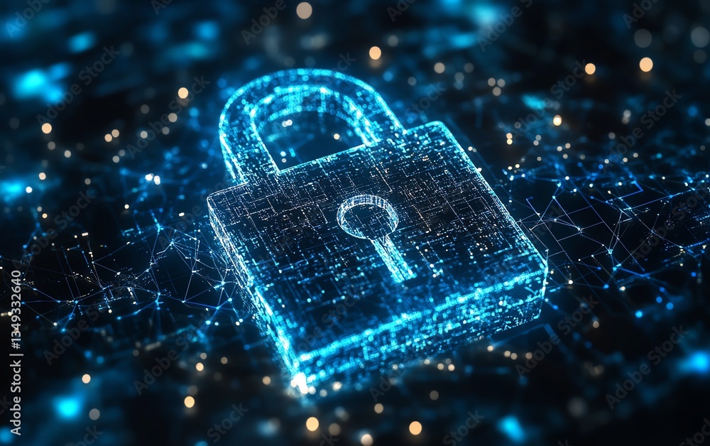 Poster hightech digital padlock on dark blue background, representing network protection, cyber security te