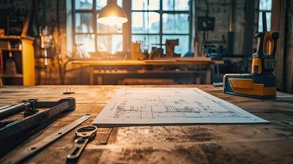 | Transition image from warehouse tools to home DIY setup. Contrasting industrial vs. home workshop lighting, project blueprint overlay