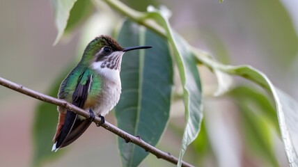 Hummingbird perched on a thin branch, with vibrant green feathers