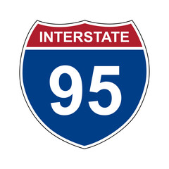 Interstate 95. Interstate highway sign. Road number. Signpost indicating route numbers in the U.S. Interstate Highway System. Even numbers run west to east. Odd numbers run north to south.