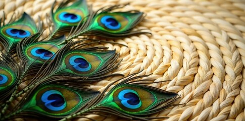 Obraz premium Peacock feathers scattered on a natural fiber rug, peacock feather, vintage, unique