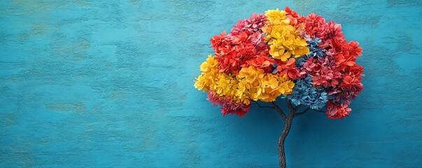 Human brain as a tree with flourishing flowers, representing mental health, positive thinking, and the nurturing of creativity and selfcare in a vibrant, uplifting visual