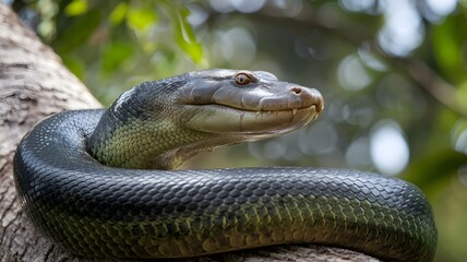 Fototapeta premium Anaconda Snake coiled on a tree branch with sleek dark green and black scales