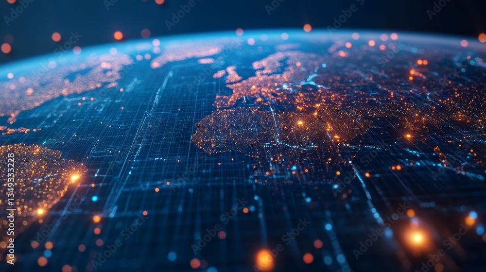 Poster Global network connection, digital earth map showing data flow and city lights at night.