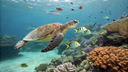 Obraz premium Turtle with group of colorful fish and sea animals with colorful coral underwater in ocean. A